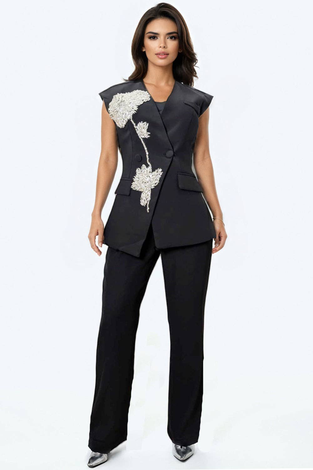 BLACK S3096 BEADED APPLIQUE TOP / PANT SET for wholesale on Faire0