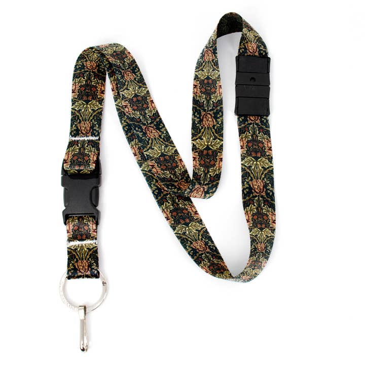 Morris Black Red Floral Breakaway Lanyard - with Buckle and Flat Ring - Made in the USA for wholesale by Buttonsmith