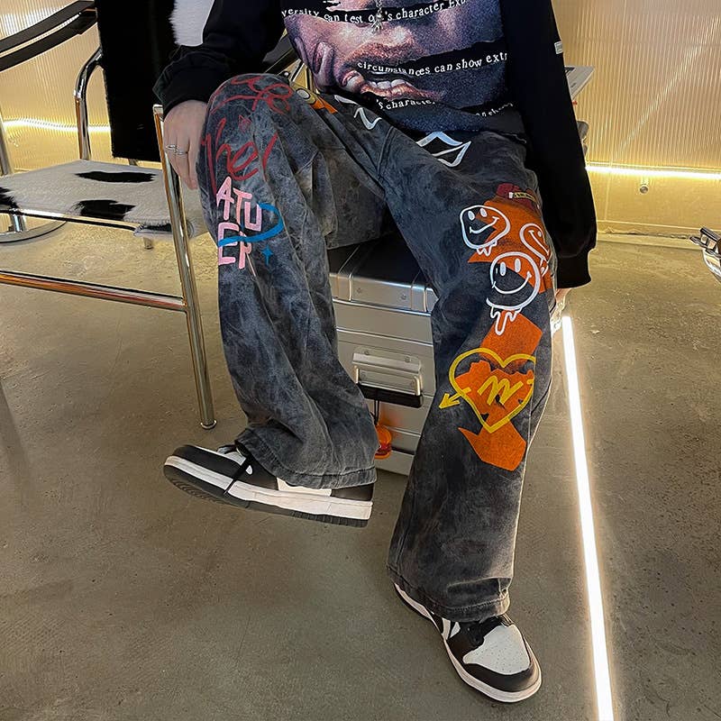 Nero Jeans graffiti hip-hop neri larghi e dritti unisex in vendita all'ingrosso su Faire2