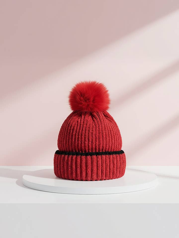 Gestreifte gestrickte flauschige Bommelmützen, 12er-Pack für den Großhandel von Arya Jewellery Wholesale