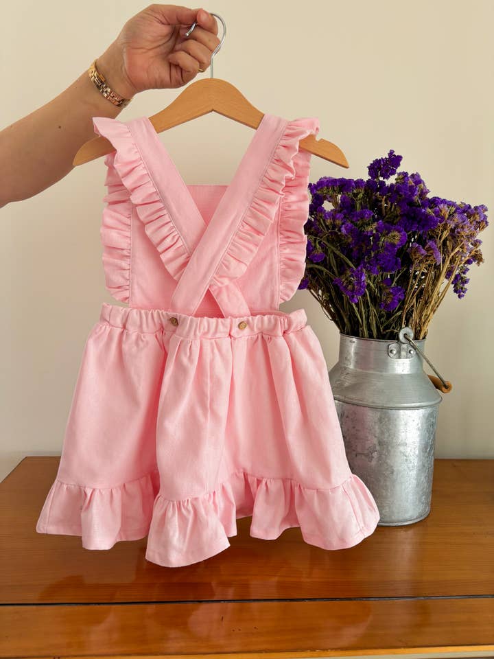 Maria Jasmim Baby & Child - Wholesale Dress Set - Baby - Pink Linen Pinafore Dress2
