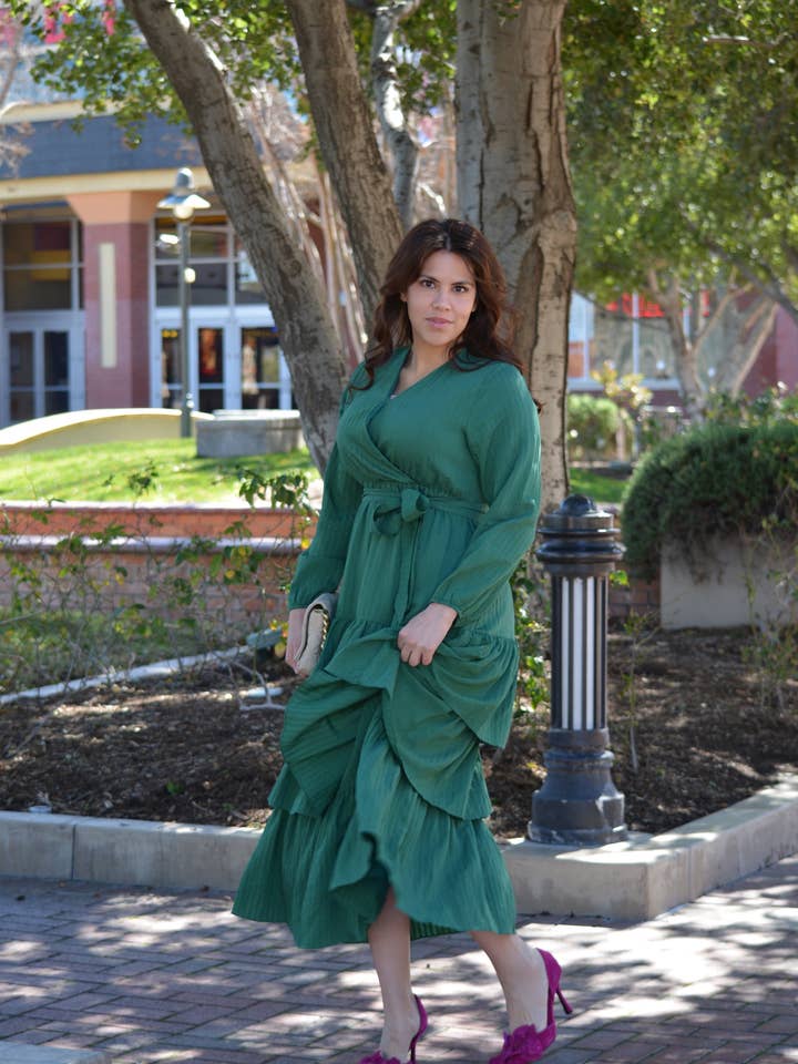 Lindos Green Textured Ruffled Maxi Dress for wholesale by Skirt Society