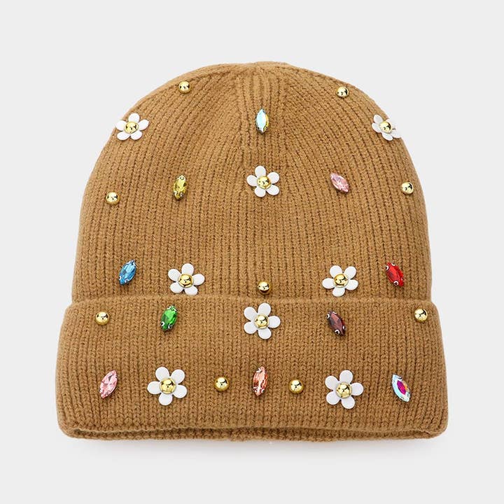 Wona Trading, Inc. - Wholesale Beanie - Women's - Fleece Lining Daisy Flower Stone Solid Knit Beanie Hat