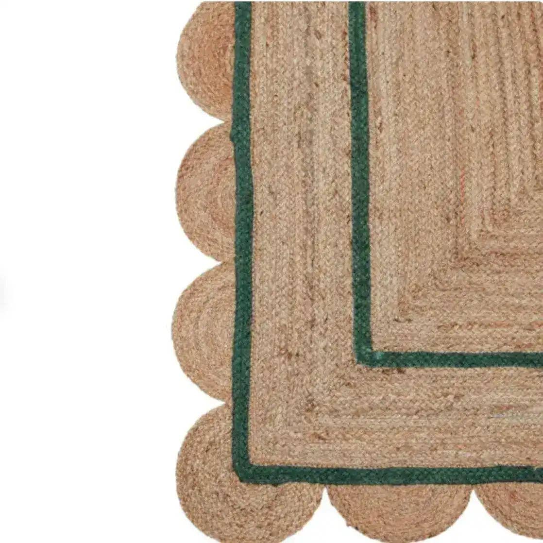 Maia Homes - Vente Tapis - Tapis artisanal vert en jute à bord scallopé8