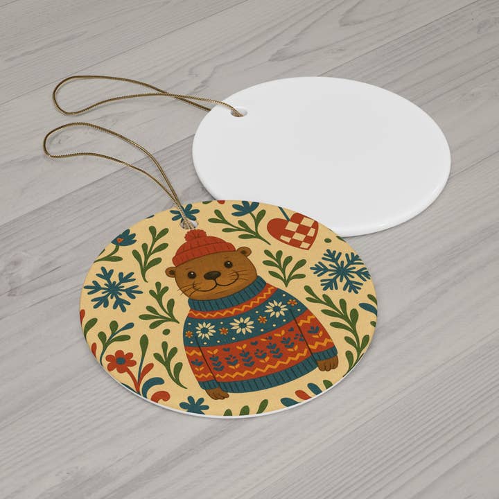 Rainbow Unicorn Birthday Surprise - Wholesale Ornament - Nordic Otter in Sweater & Beanie, Scandinavian Christmas Decor, Swedish Folk Art Holiday Gift, Ceramic Ornament1