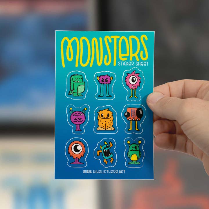 Silly Monster Sticker Sheet - 9 Hand-Drawn Monster Decals for wholesale by Hi, Hello There