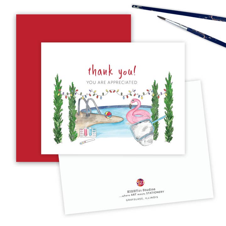 Eight21 Studios + Unique Greeting Cards, Art and Stationery - Wholesale Christmas Card - Swimming Pool Service Appreciation Christmas Greeting Card