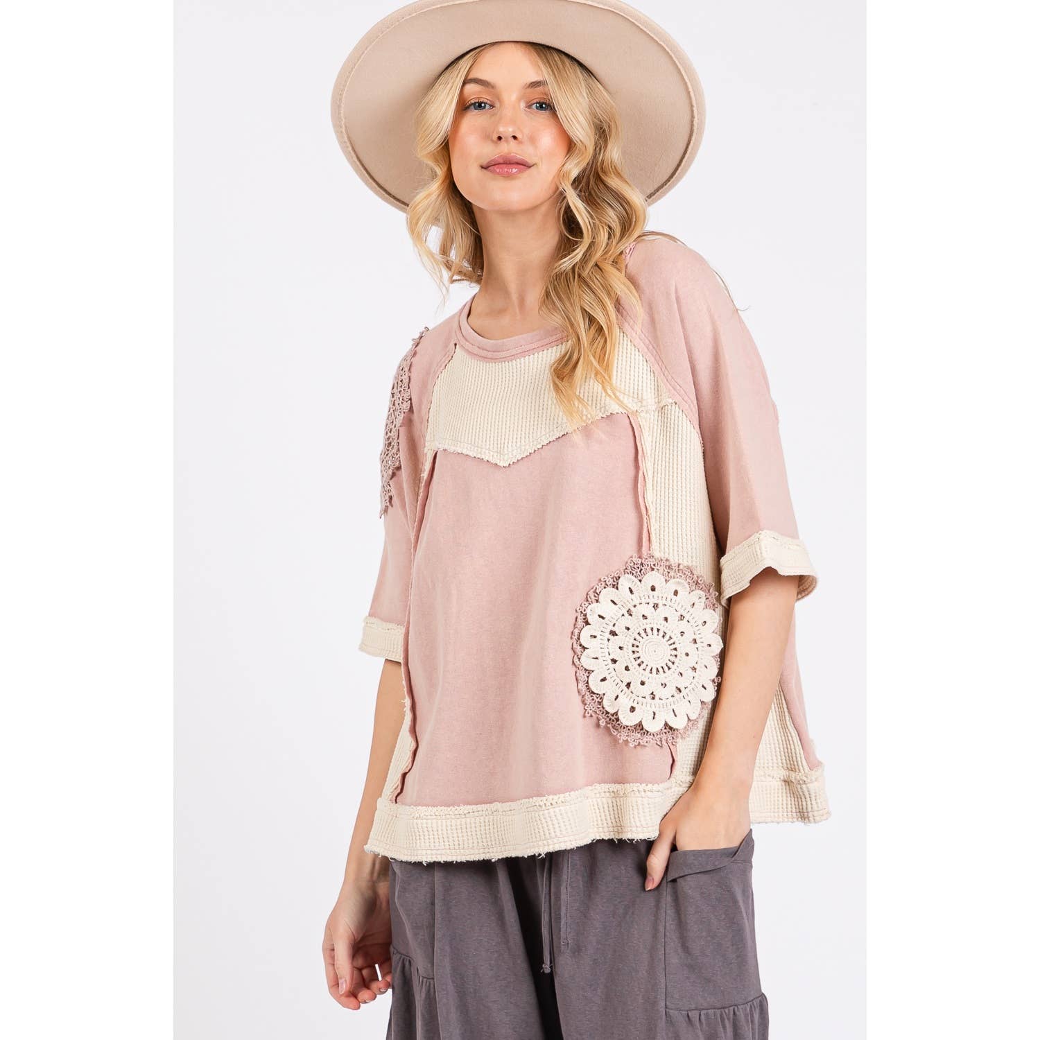 Sage VINTAGE CROCHET PATCHWORK TOP (ST7715) for wholesale on Faire13