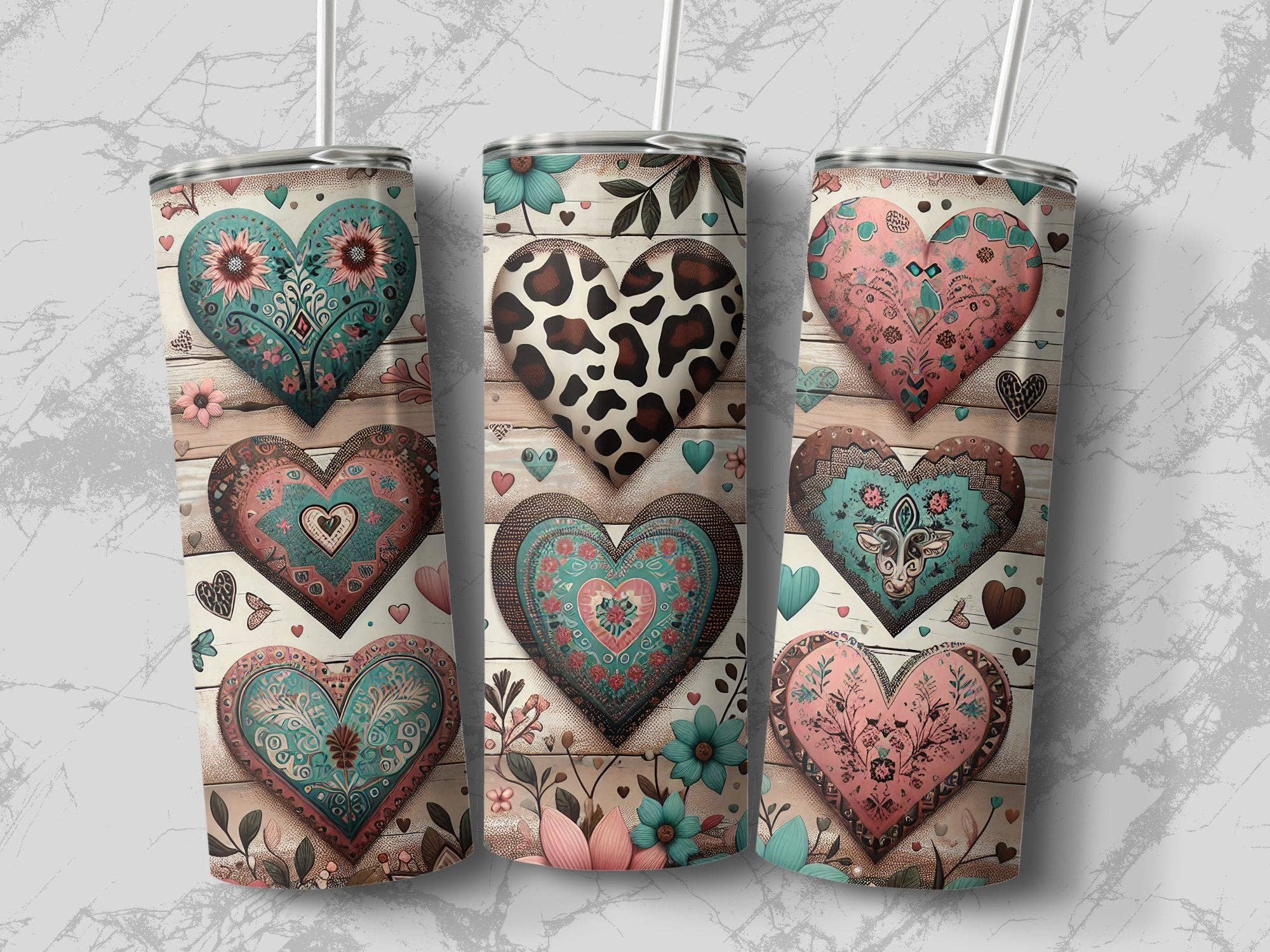 White Boho Heart Tumbler, Floral Love Pattern, Shabby Chic Insulated Cup, Unique Gift for Her, Customizable Name Drinkware, 20oz Travel Mug for wholesale on Faire1