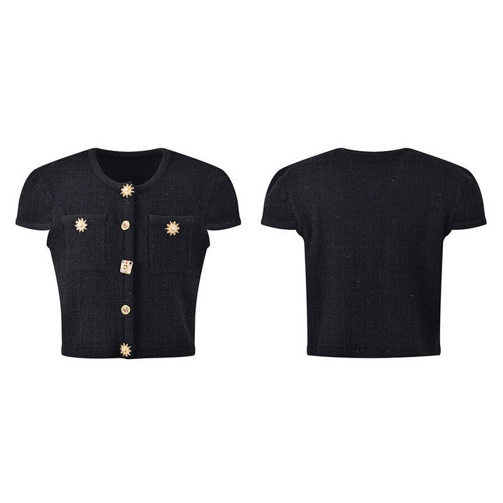 Productseeker – Großhandel Set aus Oberteil und Rock – Damen – SET45Y Tweed-Strick-Set mit kurzem Oberteil und Rock in Diamantknopf-Design3