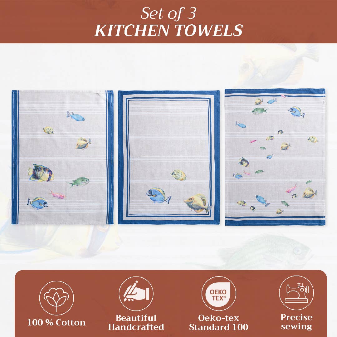 Maison d'Hermine - Design in Every Thread - Wholesale Tea Towel - Kitchen Towels 100% Cotton - Set of 3 - Poisson1