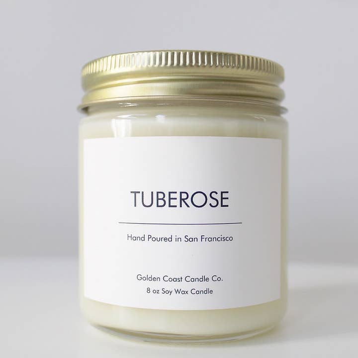 Bougie en cire de soja Tubéreuse 8 oz pour la vente par Golden Coast Candle Co.