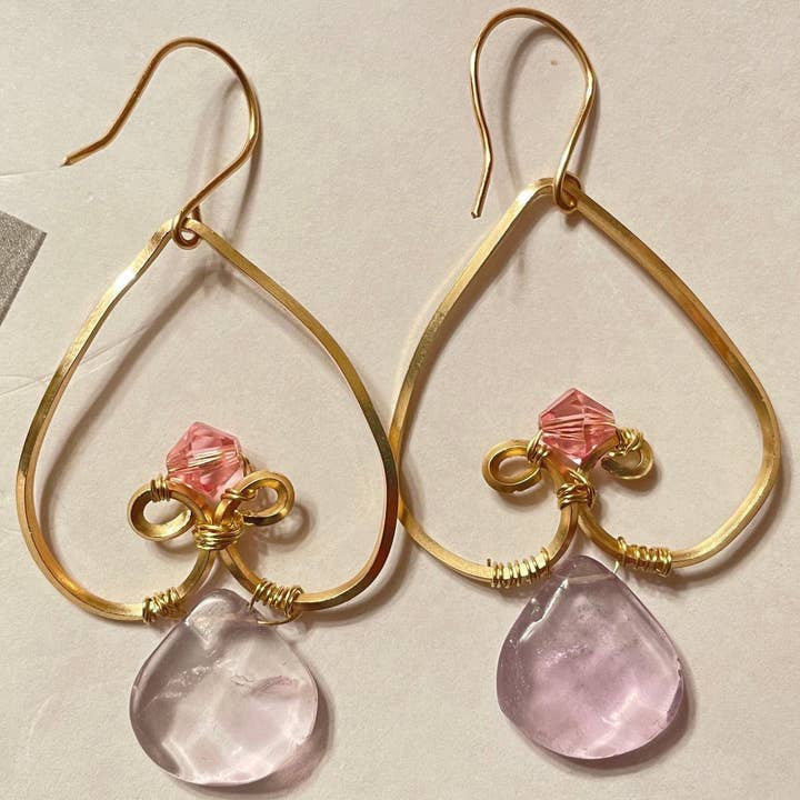 14k Gold Filled Heart Dangle Earrings (Pink Bead w/ Faceted Amethyst, Blue Bead w/ Freshwater Pearl, Purple Bead w/ Faceted Amethyst Bead) for wholesale by Linny’s Arsty Fingers LLC