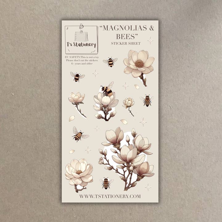 "Magnolias & Bees"  Sticker Sheet for wholesale by T's Stationery