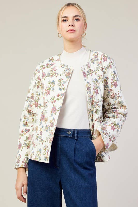 Elfenbein-Multi Langärmelige Steppjacke mit Blumenmuster für den Großhandel auf Faire1