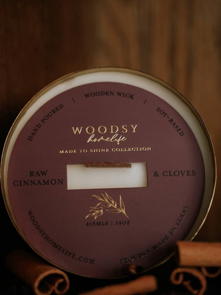 Raw Cinnamon & Cloves -Solid Brass 14oz Pure Soy Candle for wholesale by Woodsy Homelife