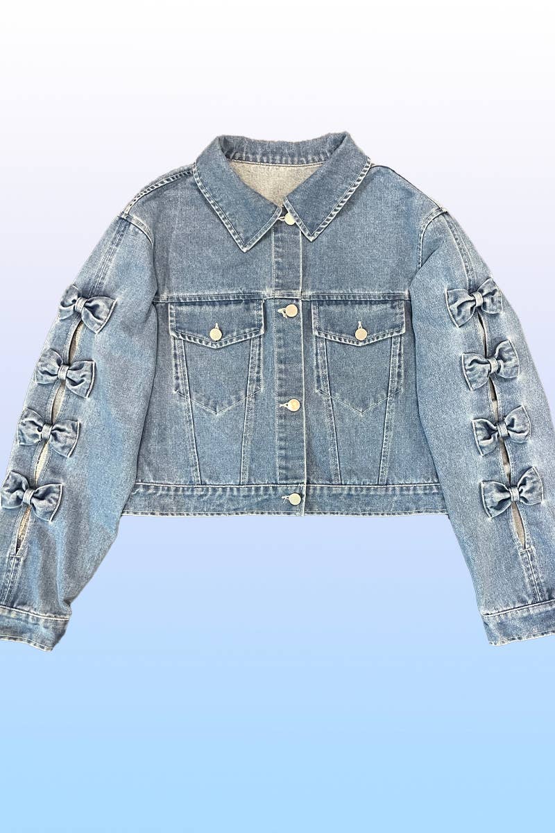 Blue Cropped Bow denim jacket for wholesale on Faire6