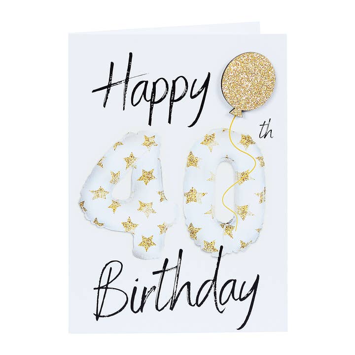 40th Birthday Card embellished with a Gold Glitter Balloon for wholesale by Lil's Cards
