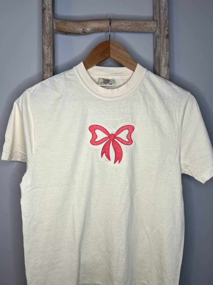 Pink Bow Embroidered Tee / Bow Embroidery for wholesale by Rain Embroidery
