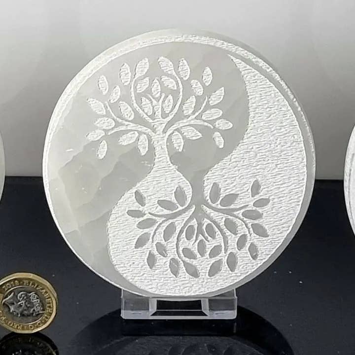 Selenite Crystal Charging Plate Etched Yin Yang Tree of Life - White yin yang tree for wholesale by Distinction Crystals
