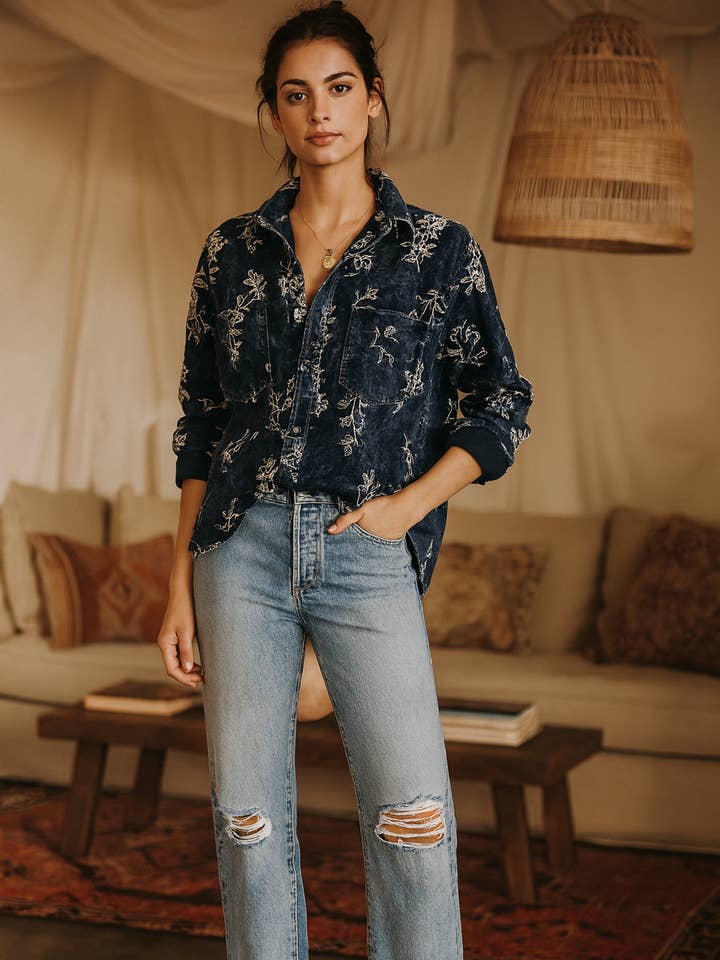 Haut en velours côtelé Midnight Bloom pour la vente par The Nu Vintage