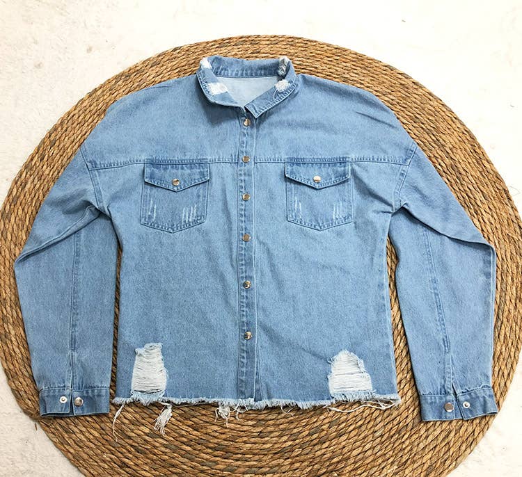 HIDDENBRAND - Wholesale Denim Jacket - Women's - Oversized  ripped frayed edges denim jacket16