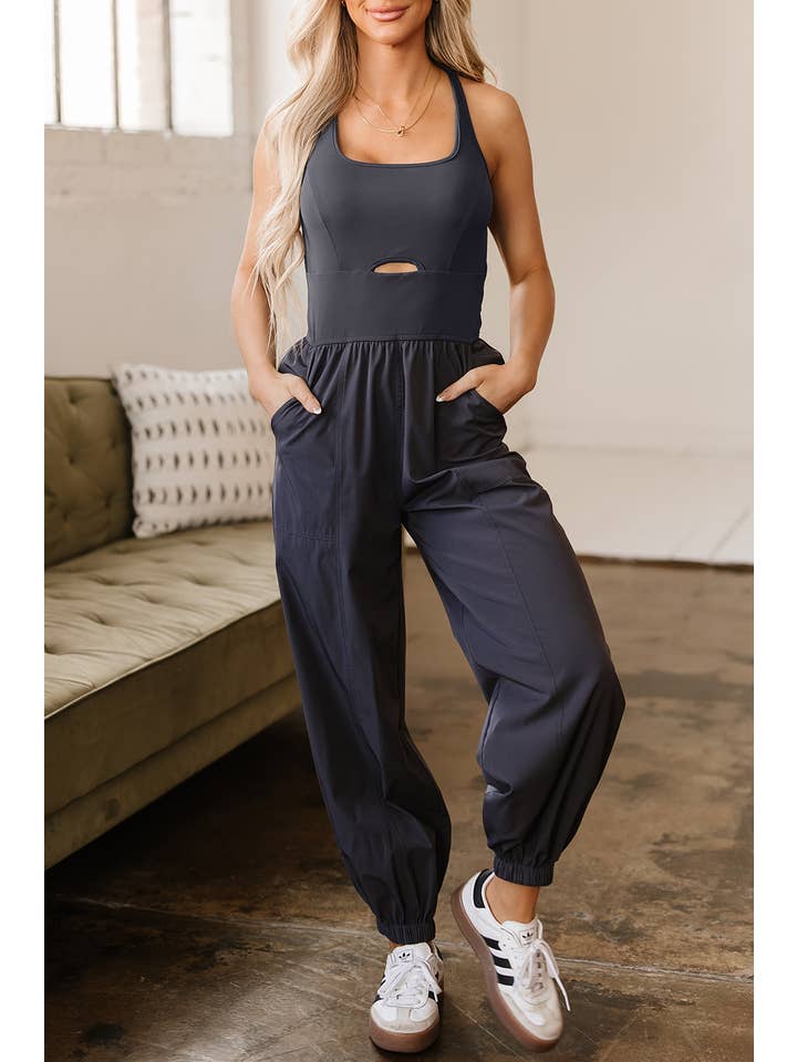Carbon Grey Solid Cross Back Jogger Jumpsuit for wholesale on Faire