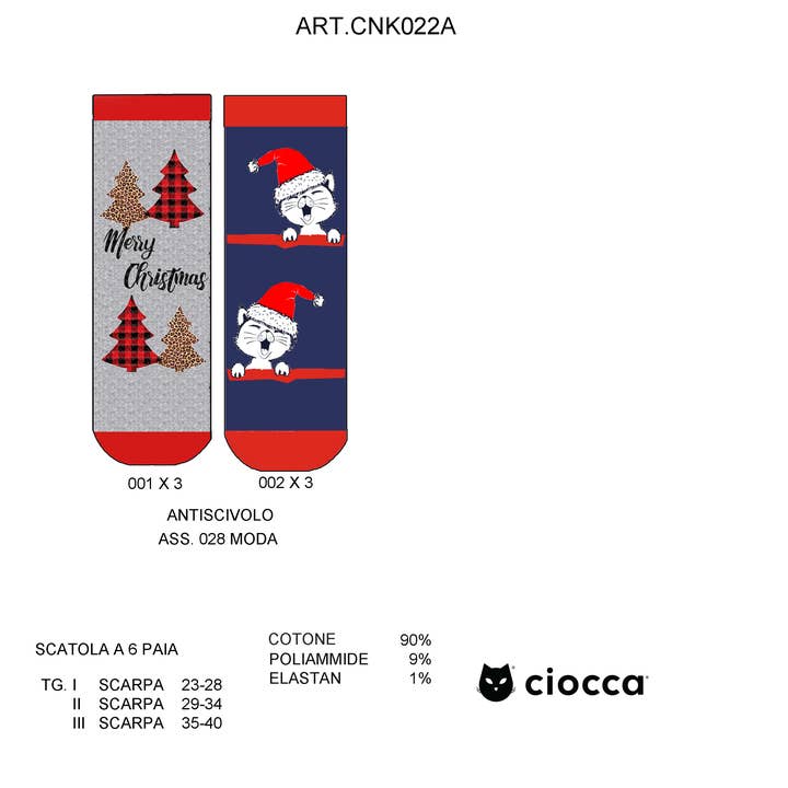 Farbsortiment Zwei Paar rutschfeste Babysocken mit Katzen- und Weihnachtsbaum-Motiv (CNK022A) für den Großhandel auf Faire0