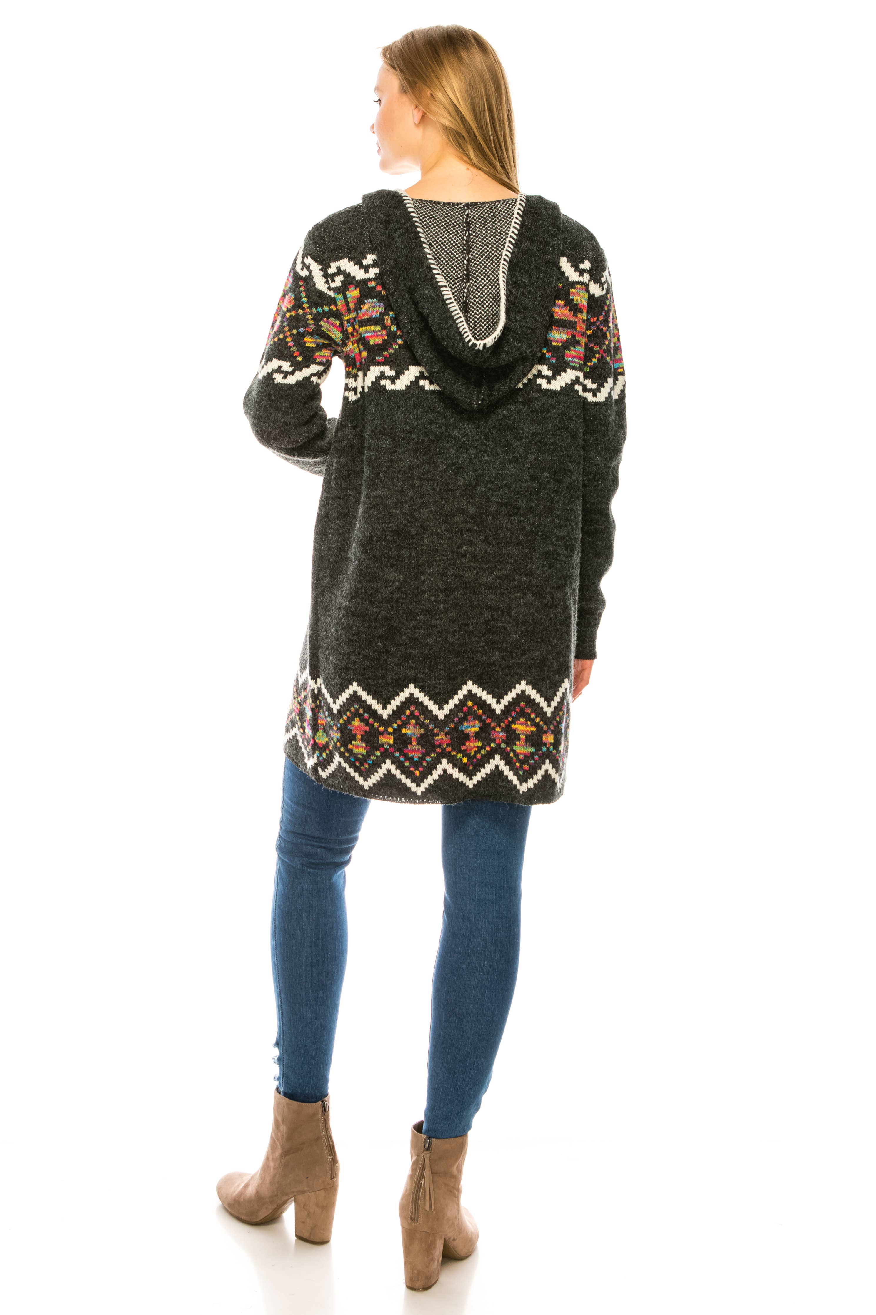 Oceanus Apparel - Wholesale Cardigan - Women's - OUG81327 Hooded floral patterned knit long cardigan sweater3