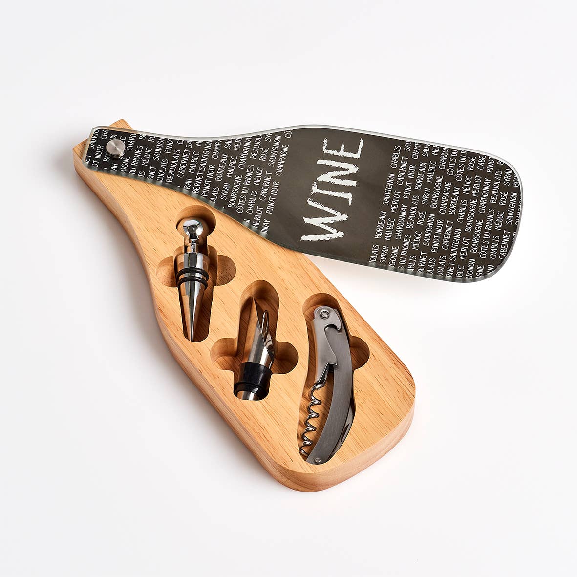 silver Wine Set, 4-piece, Rubberwood/Glass/Stainless Steel for wholesale on Faire3