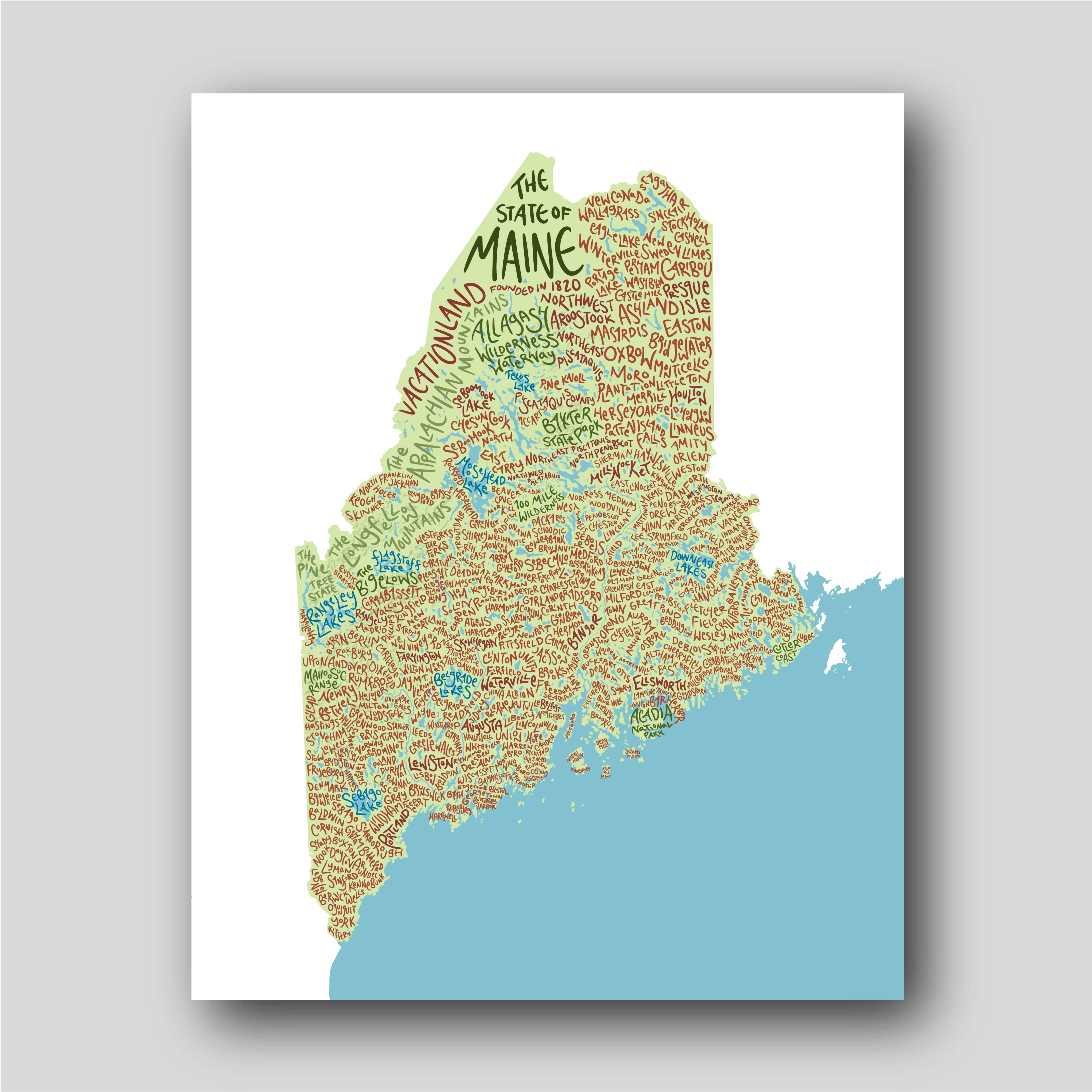 Abby Clark Creative - Wholesale Art Print - The State of Maine -Hand Lettered Typography 11x14 Art Print1