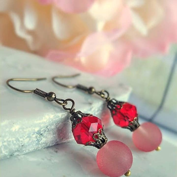 Bad Apple Designs - Wholesale Dangle Earrings - Red Sea Glass Dangle Earrings: Antique Brass, Ruby Stone0