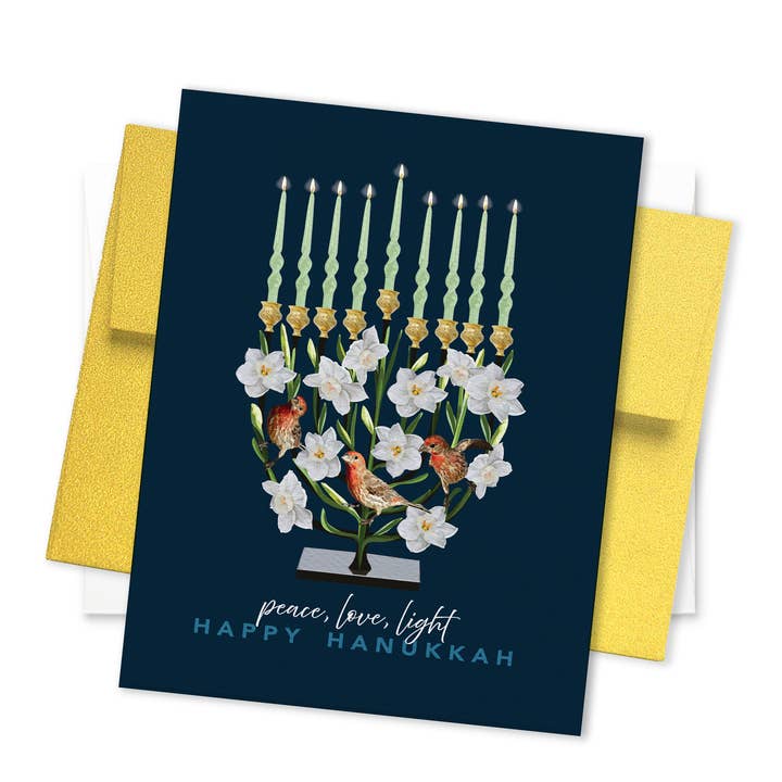 Tarjeta de feliz Janucá | Pájaros, flores, menorá para venta al por mayor de The Red Barn Press