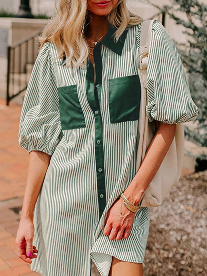 Vestido verde con bolsillos de parche, botones delanteros y mangas cortas abullonadas. para venta al por mayor de Lovesoft