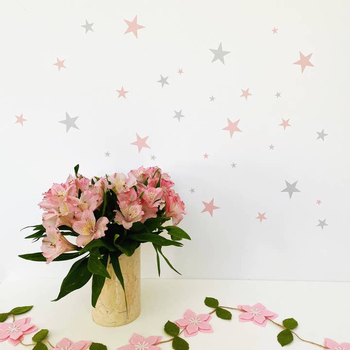 Pooka Party Eu - Venta al por mayor Vinilo/adhesivo de pared - Vinilo decorativo reutilizable de estrellas, color rosa y gris (66 piezas)