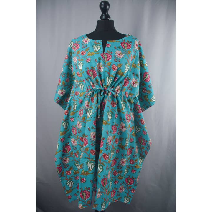 Block Printed Cotton Coverup / Kaftans - Turquoise Floral for wholesale by Kantha Decor