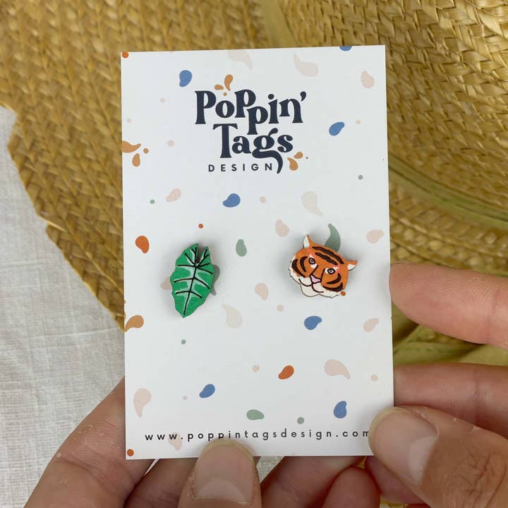 Wooden Earrings: Tiger for wholesale by Poppin' Tags Design
