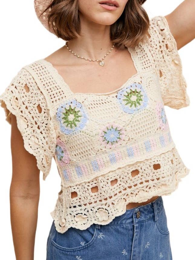Multi Crochet Square Neck Sweater Crop Top for wholesale by Vanilla Monkey