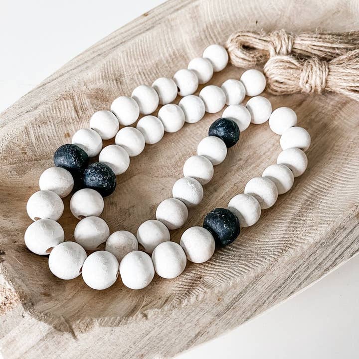 Whitewashed Wood Bead Garland with Jumbo Black Recycled Glass Beads for wholesale by sonder & wolf