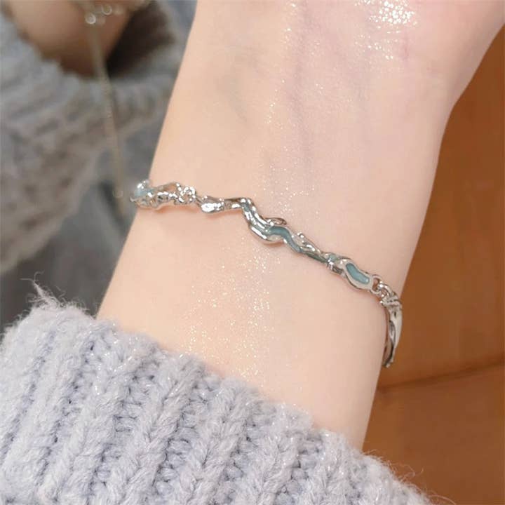 Perimade & Co. LLC - Wholesale Link & Chain Bracelet - Dainty Blue Enamel Ocean Sea Wave Bracelet in Solid Copper2