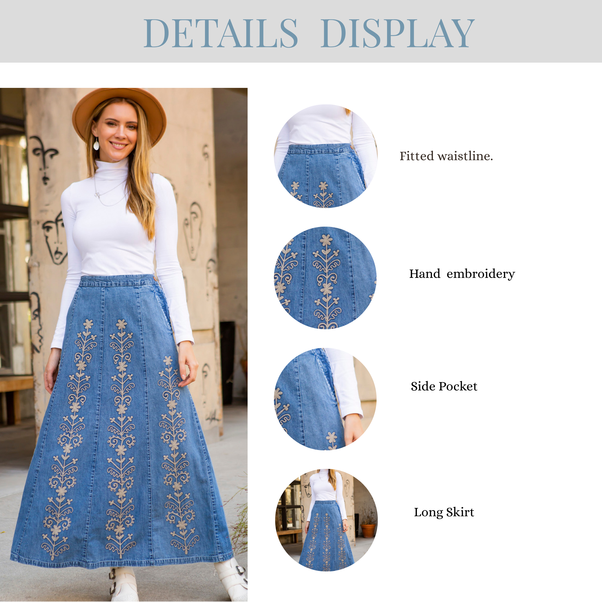 Young Threads - Wholesale Skirt - Women's - Artisan Floral Embroidered Denim Maxi Skirt (NEW)3