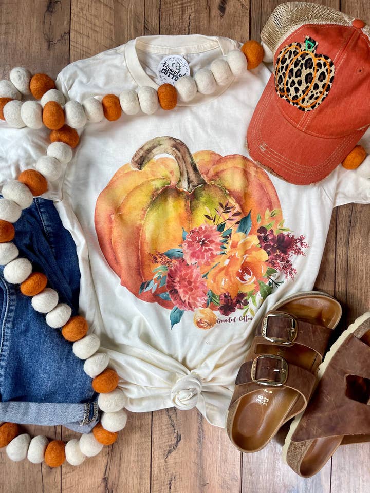 Watercolor Floral Pumpkin Tee for wholesale by Branded Cotton