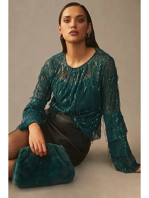 Eva Franco - Wholesale Blouse - Women's - Fall Long Sleeve Sequin Fringe Top – Glitter Pine