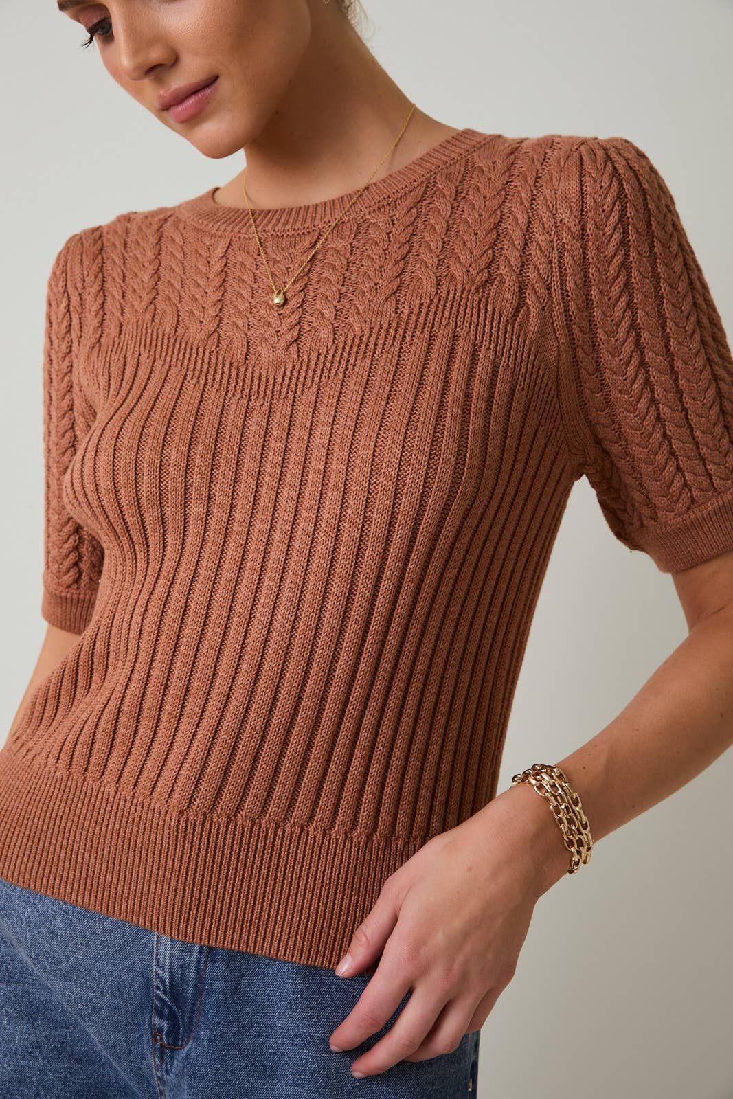 Sunday Edition by LE LIS - Wholesale Knit Sweater - Women's - ROUND NECK PUFF SHORT SLEEVE CABLE SWEATER38