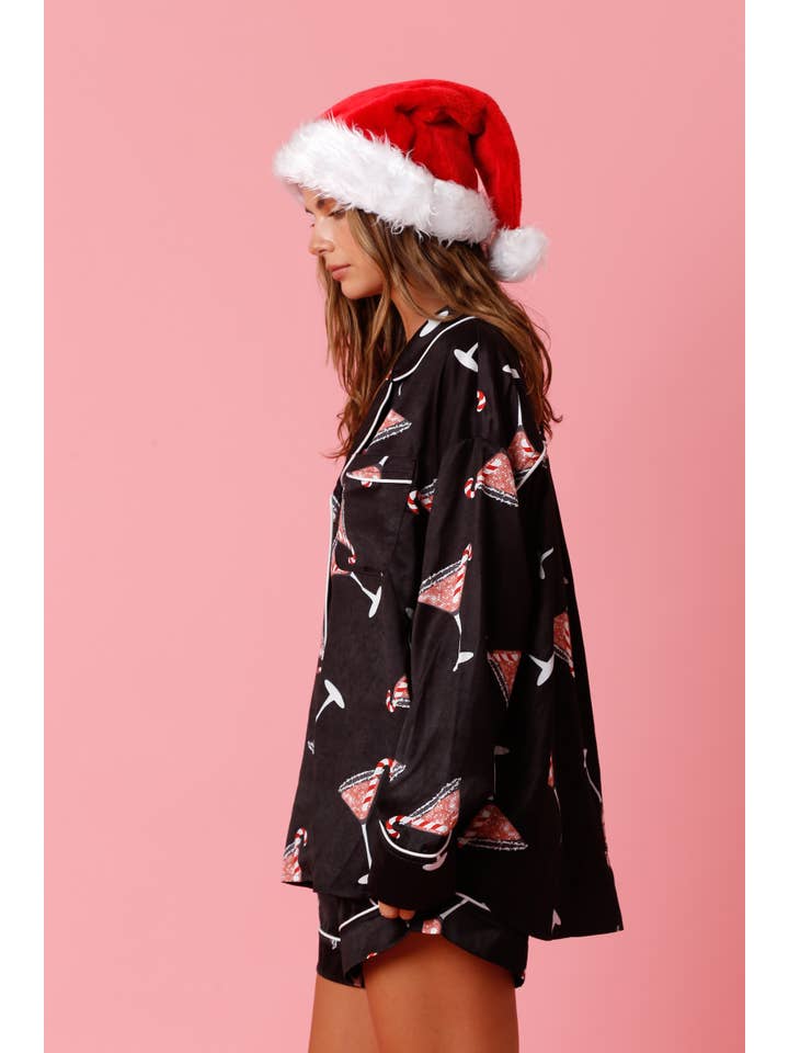 Peach Love California - Wholesale Shirt - Women's - Christmas Martini Pattern Satin Pj Top