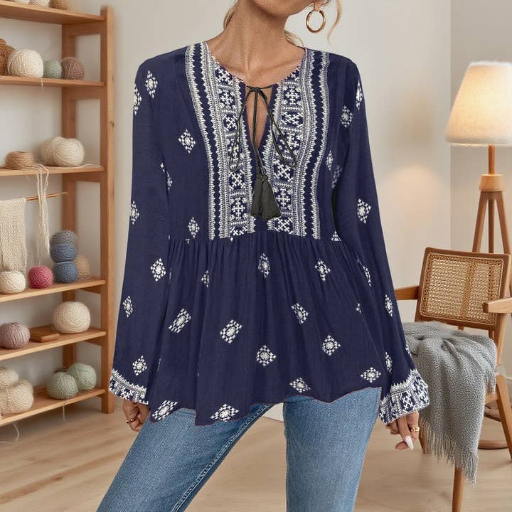 Retro ethnic style half-collared lace-up shirt for wholesale by Lily Clothing