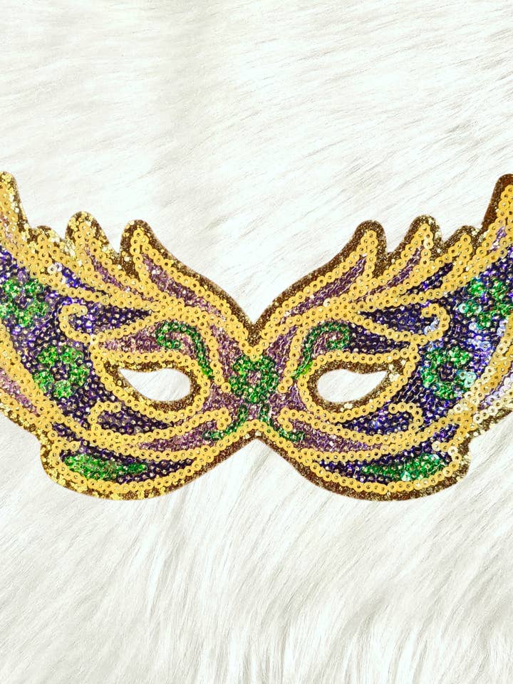 Mardi Gras Mask Sequin Gold Glitter Iron On Patch for wholesale by Scratch Decor
