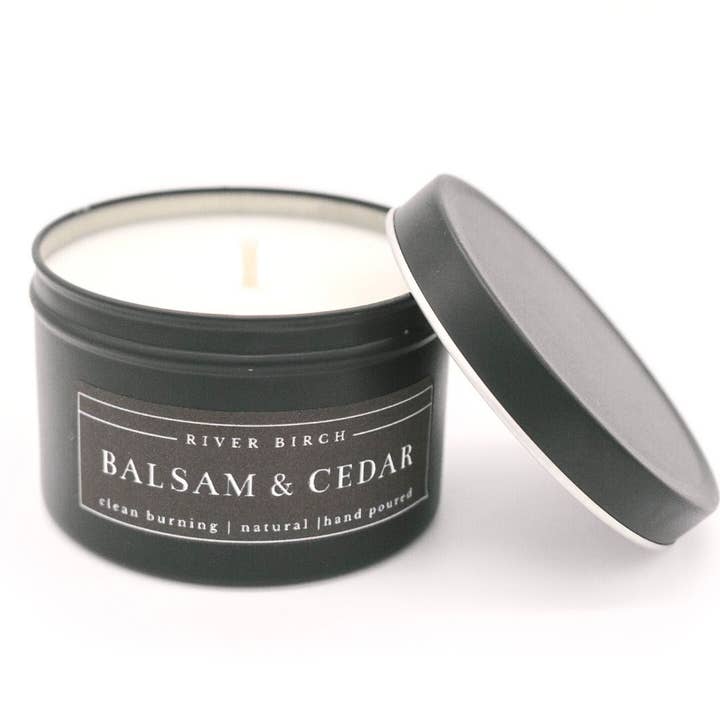 River Birch Candles - Wholesale Travel Candles - 8oz Balsam & Cedar - Black Tin Soy Candle