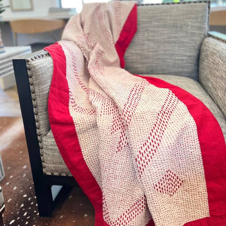 Cardinal Cotton Kantha Throw Quilt for wholesale by Maka Maka Lifestyle