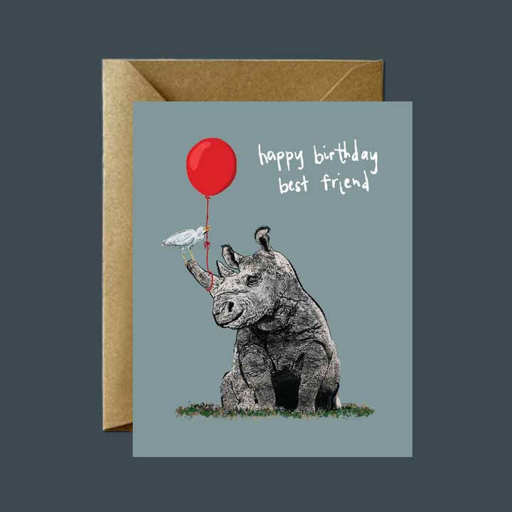 Mitzi Bitsy Spider - Wholesale Birthday Card - Happy Birthday Rhino + Cattle Egret — Birthday Greeting Card